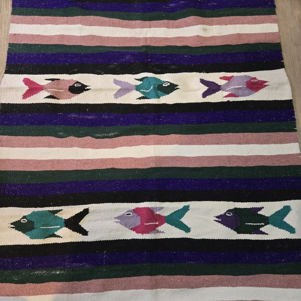 VTG Mexican Falsa Baja‎ Blanket Heavy handwoven Fish motif Rug Mat 80x45